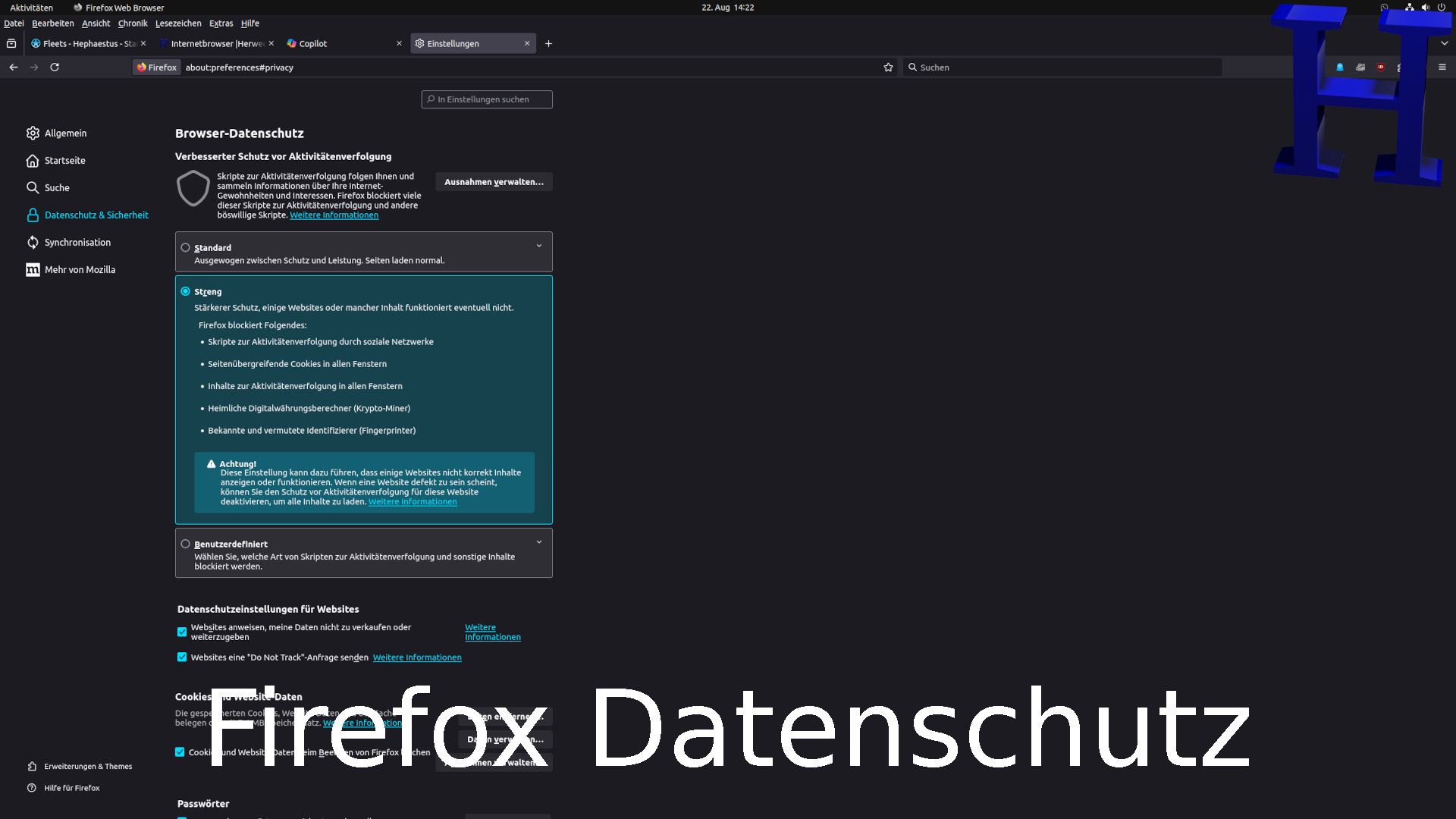 Firefox 78.0.2 Datenschutz Einstellungen und Cookies automatisch löschen